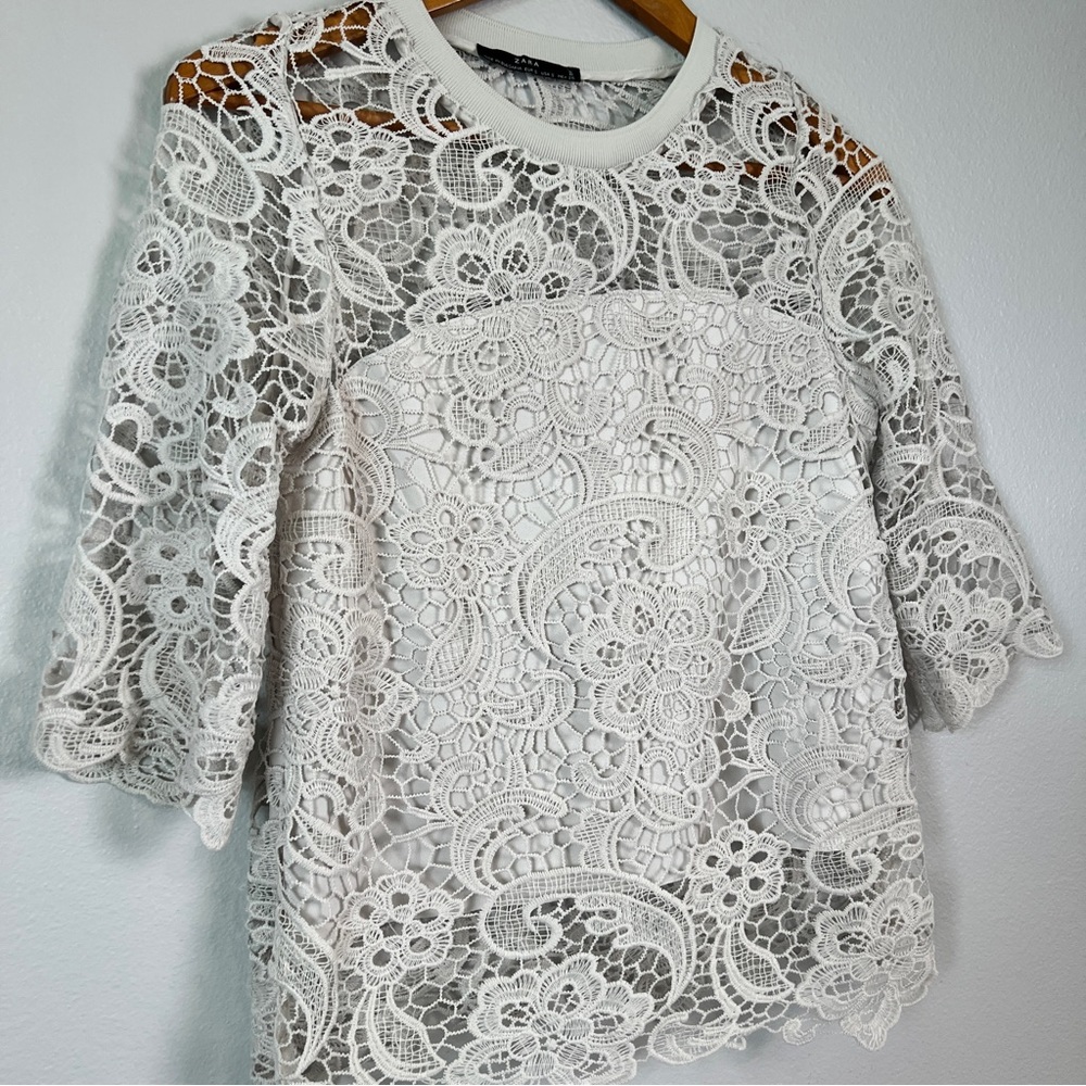 Zara Light Gray Lace Crochet with Inlay 3/4 Sleeve Top - Picture 3 of 6